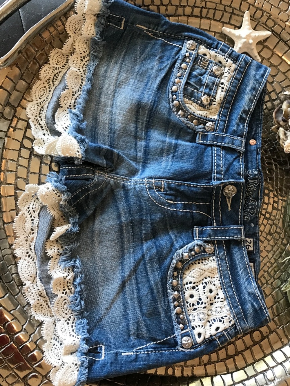 FESTIVAL 🔥 Y2K COQUETTE RHINESTONE LACE TRIM DISTRESSED LOW RISE DENIM SHORTS